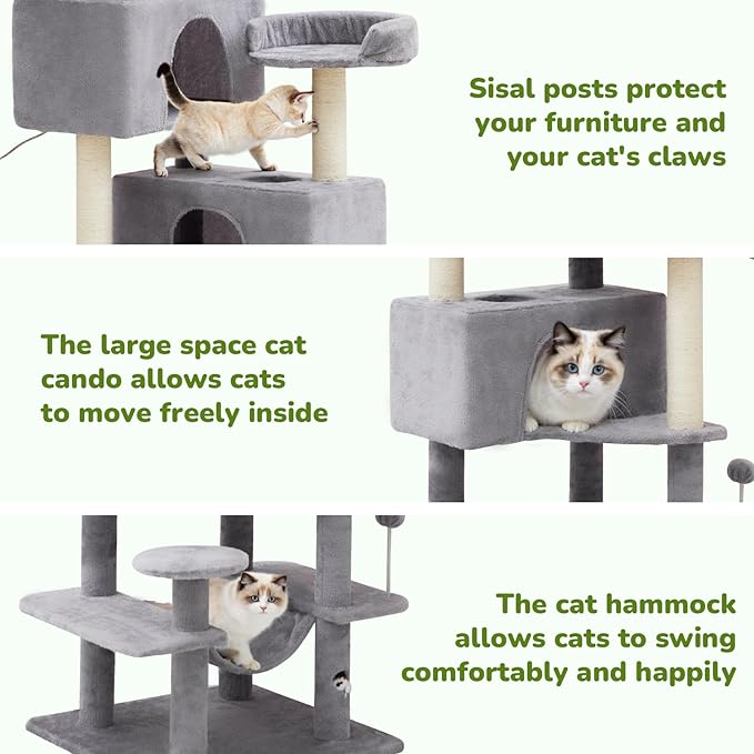 Cat Tree Tower with Large Hammock 54in Multi-Level Cozy Large Cat Tree with 2 Condo Top Perch Scratching Posts and Fun Cat Toys for Indoor Cats（Light Gray）