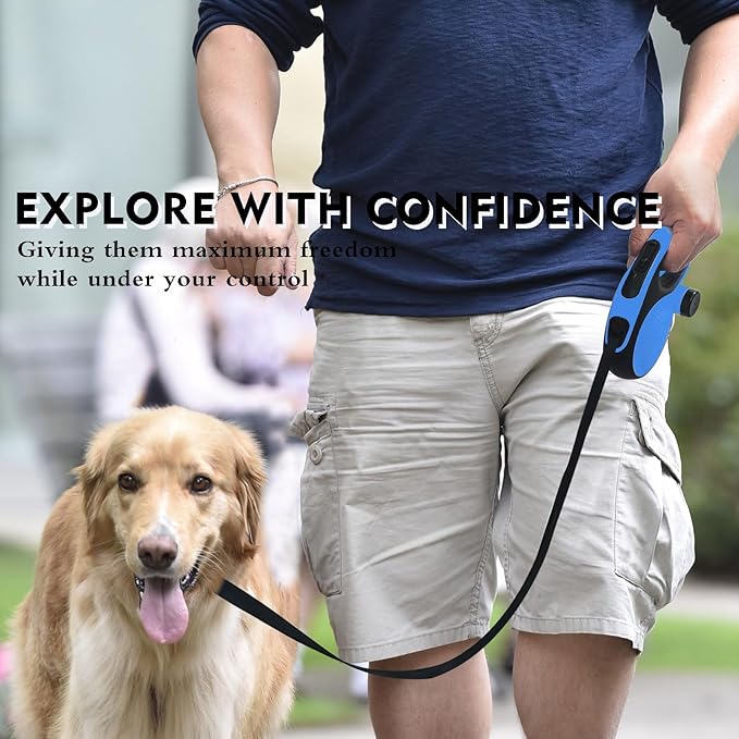 Retractable Dog Leash 26ft,Chew-Proof Heavy-Duty Pet Leash for Medium/Large Breed up to 110 lbs, 360° Tangle-Free Long Retract Dog Lead,with Poop Bag Dispenser, One-Hand Brake (Blue)