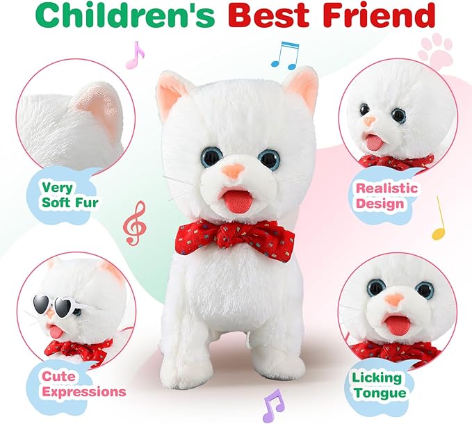 White Leash Walking Cat Set Toy Interactive Talking Cat Singing Dancing Kitten Mimicking Repeat What You Say Kitty Touch and Voice Control Nodding Wagging Tail Plush Electric Robot for Kid Girl
