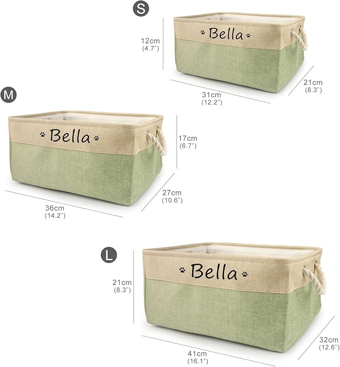 Personalized Dog Toy Box, Dog Toy Basket Storage with Cotton Handle, Customized Name and Paw Heart Print Puppy Toy Bin for Organizing Food Clothes and Pets Accessories(Paw Green)
