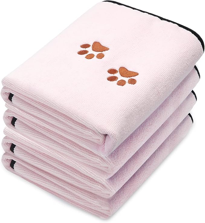 Tegeme 4 Pack Dog Towels for Drying Microfiber Soft Absorbent Pet Bath Towel Dog Drying Grooming Cloth with Embroidered Paw for Pet Cat Bathing Grooming(35 x 20 Inch,Pink)