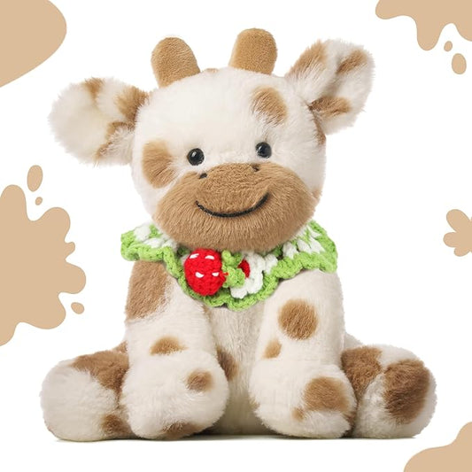 Hopearl Adorable Plush Cow Toy with Knitted Cute Strawberry Bib Floppy Dairy Cattle Soft Stuffed Animal Gifts for Boys Girls Kids Toddlers, Light Brown, 9''