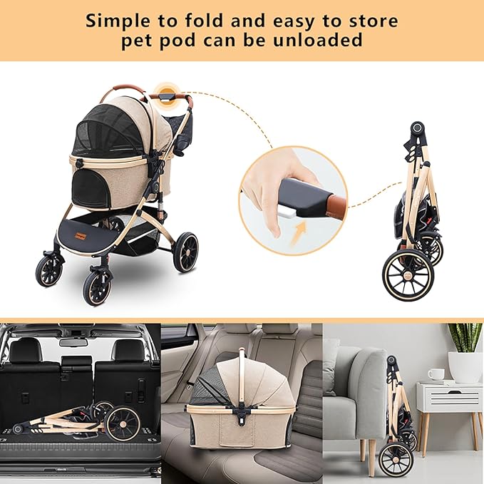 Pettingzoo Dog stroller with 4 Wheels, Folding Cat Stroller for Small/Medium/Large dogs & cats to 60 lbs, pet stroller with removable carrier, Storage BasketCup Holder,3 in1 Multifunctional Detachable