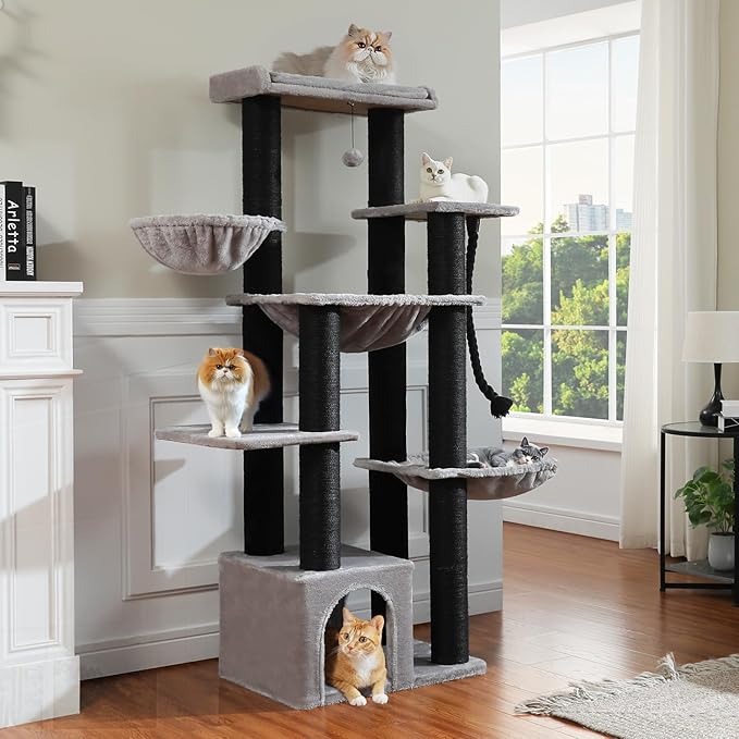 Maine Coon Cat Tree-67 Large Cat Tower for Indoor Cats Large Adult with 7 Thick Black Scratching Posts (φ4.3), Multi-Level Condo, Big Perch & Hammocks -Black
