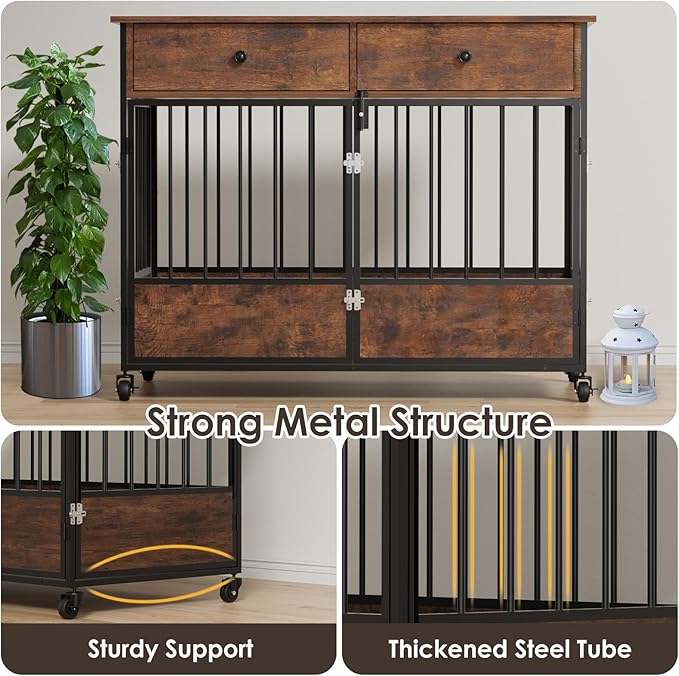 44.5" Dog Crate Furniture, Wooden Dog Kennel with Storage Drawers, Large Dog Cage with Wheels, Heavy Duty Wooden Dog Crate End Table with Steel Tubes for Big Breed