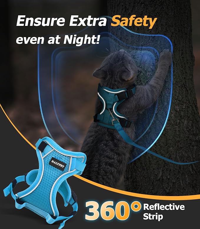 Halypet Cat Harness and Leash Set [MAX Safety 4th-Gen Upgrade] Escape Proof Adjustable Cat Leash Comfortable Soft Vest Easy to Wear Kitten Harness with Reflective Strip for Cats Walking, XS SkyBlue