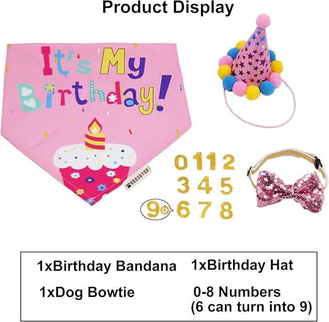 ADOGGYGO Dog Birthday Bandana Scarf and Puppy Girl Birthday Party Hat with Cute Bow Tie for Small Dog Cat (Small)