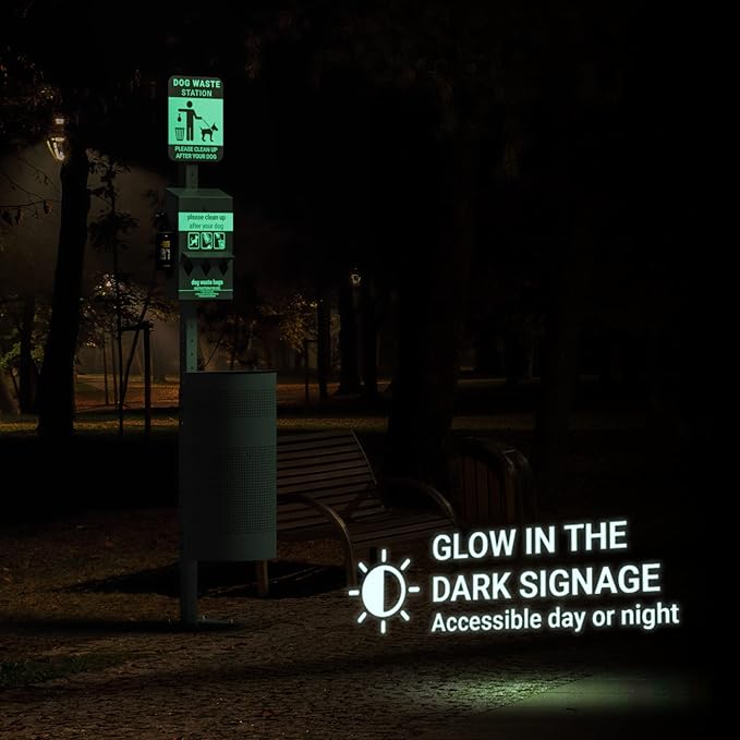 Pet Waste Station - Includes 600 Roll Bags & 50 Can Liners - Original Glow in the Dark Dog Waste Station with Dog Poop Sign, Bag Dispenser, Hand Sanitizer Bottle & Outdoor Trash Can with Lid