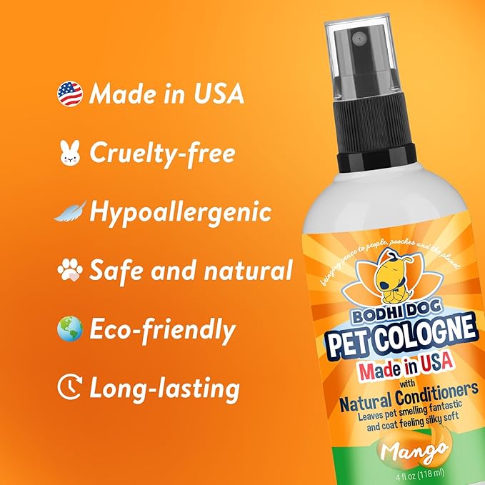 Bodhi Dog Premium Dog Cologne - Deodorizing Dog Perfume & Conditioner for Dogs & Cats - Natural Long Lasting Spray - Keeps Pets Fresh All Day - Gentle & Safe Formula, Made in USA (Mango 4 Fl Oz)