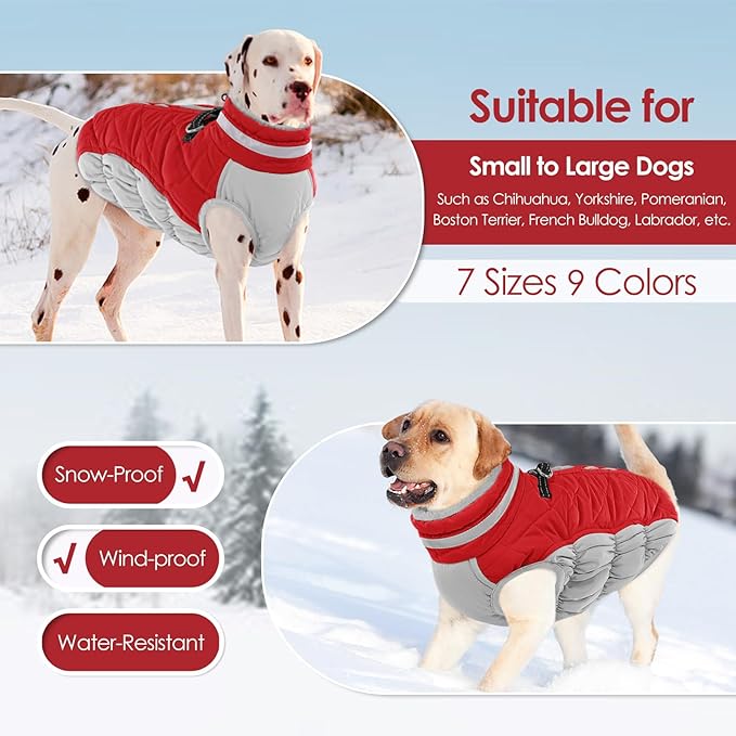 AOFITEE Dog Coat, Warm Dog Winter Coat, Reflective Turtleneck Large Dogs Jacket with Harness Built in, Turtleneck Pet Winter Jacket, Waterproof Pet Snow Jackets Fleece Vest, Christmas Red XL
