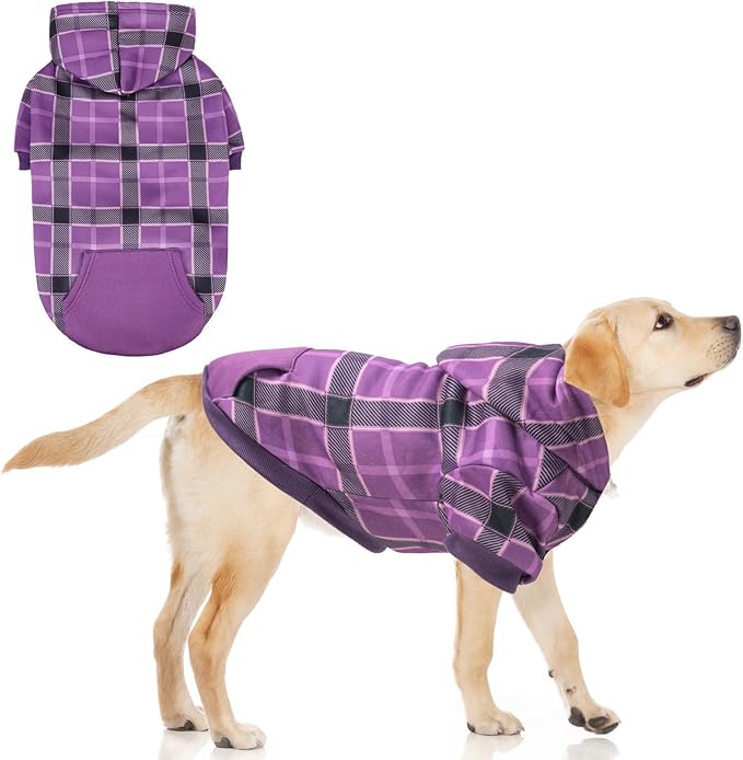 KOOLTAIL Plaid Dog Hoodie for Small Medium Large Dogs - Pet Clothes Sweater with Hat and Pocket for Cold Weather Winter, Warm Soft Dog Hooded Sweatshirt Coat Outfit for Puppy Cats Girls Boys Purple L