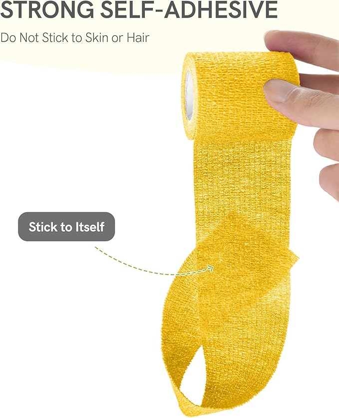 FriCARE Self Adhesive Bandage Wrap, Medical Tape in First Aid Kit, Cohesive Bandages for Wounds Sport Vet, 2 Inches X 5 Yards 6 Rolls, Yellow