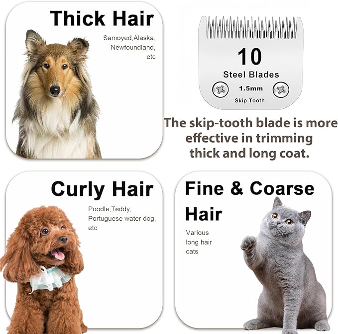 10 Skip Tooth Blades,Detachable Pet Dog Grooming Steel Blade，Compatible with andis/Oster A5/Wahl KM10 Series Clippers,Cut Length 1/8-Inch (3.2mm)