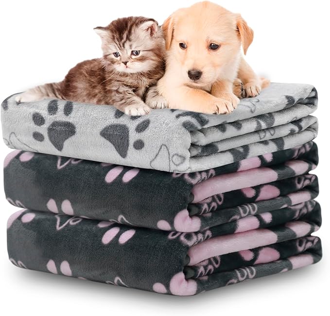 1 Pack 3 Dogs Blankets for Large & Medium Dogs Washable, Super Soft Fluffy Premium Fleece Pet Blanket Flannel Throw for Dog Puppy Cat Paw Dog Products, Grey Pink, 41x31 inch