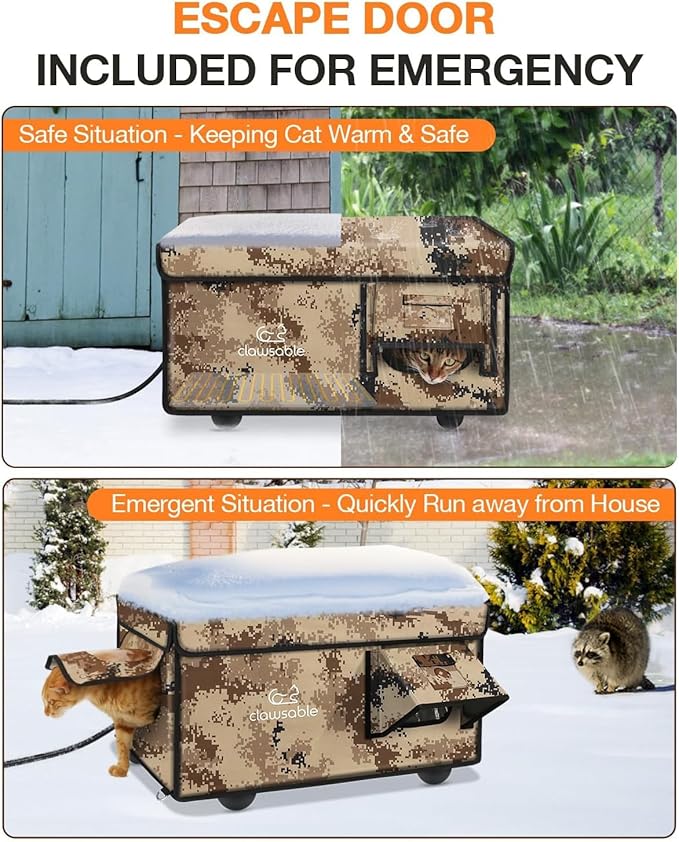 Indestructible Heated Cat House for Outside Cats Winter, 100% Weatherproof, Safe Escape Door, Insulated Outdoor Cat Shelter with Heater for Feral Barn Cat Kitty (Desert Camouflage, 13"x17"x12.6")