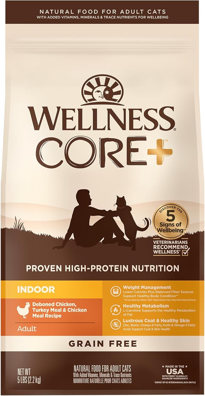 Wellness CORE+ Adult Dry Cat Food for Indoor Cats, Grain-Free, Natural, Chicken, Turkey & Chicken Meal (5 Pound Bag)