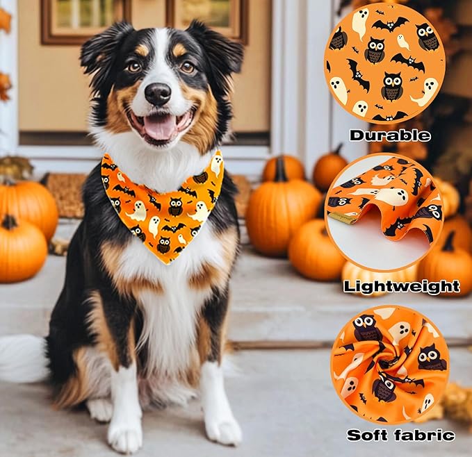 Halloween Dog Bandanas 2 Pack 4 Pattern Ghost Spider PumpkinCandle Bibs Reversible Washable Durable Fall Scarf Suitable for X-Large Breed Dog Boy and Girl