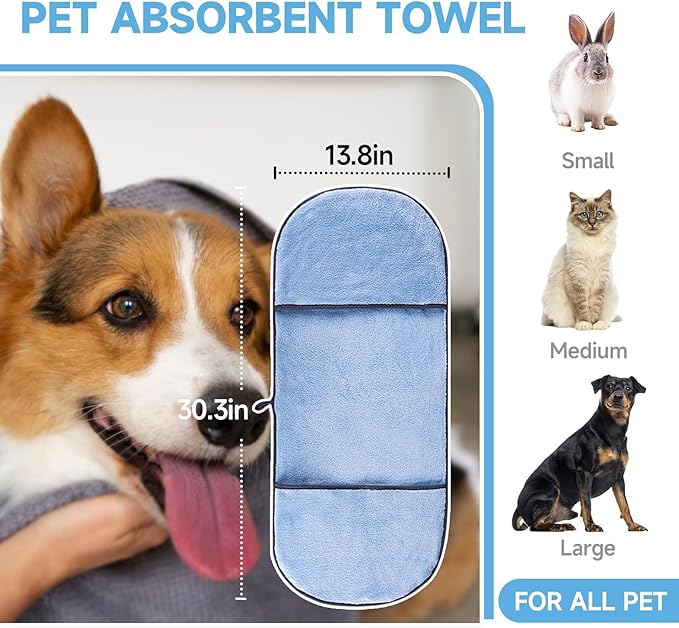 Dog Washing Gloves - Quick Drying Dog Towel,Cat Bath Grooming Gloves Brush with High-Density Teeth for Bathing Massaging，Absorbent Pet Bath Towel 30.3"x13.8" with Hand Pocket for Dog Cat Blue