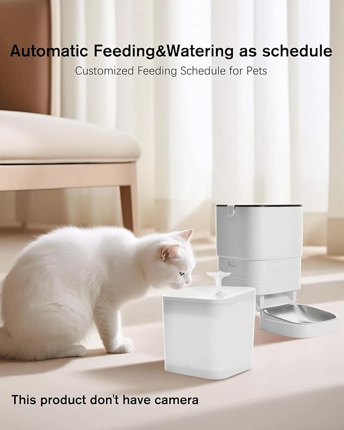 Automatic Cat Feeder, Camera Auto 2 Cats Dispenser 5L Microchip WiFi 2.4G&5G Timed Dual Pet Smart APP Dry Food Self Feeding Container Station (White Set)