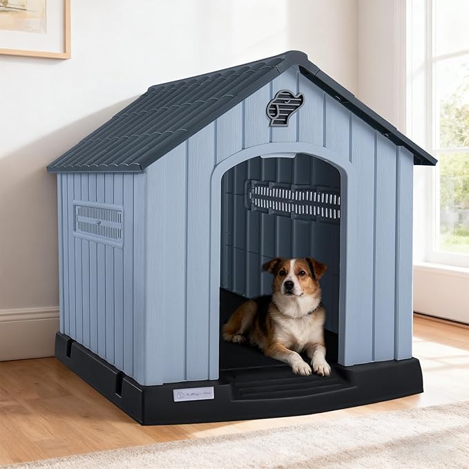 LEMBERI Large Plastic Dog House for Medium Large Dogs, Durable Waterproof Indoor Outdoor Doghouse with Air Vents and Elevated Floor, Easy to Assemble (Gray, 40" L x 37.2" W x 40" H)