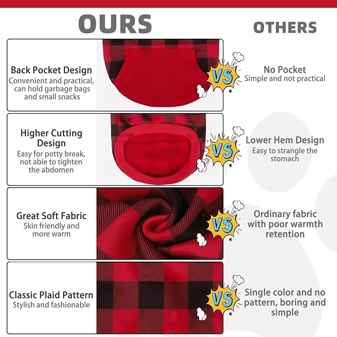 KOOLTAIL Plaid Dog Hoodie for Small Medium Large Dogs - Pet Clothes Sweater with Hat and Pocket for Cold Weather Winter, Warm Soft Dog Hooded Sweatshirt Coat Outfit for Puppy Cats Girls Boys Red XS