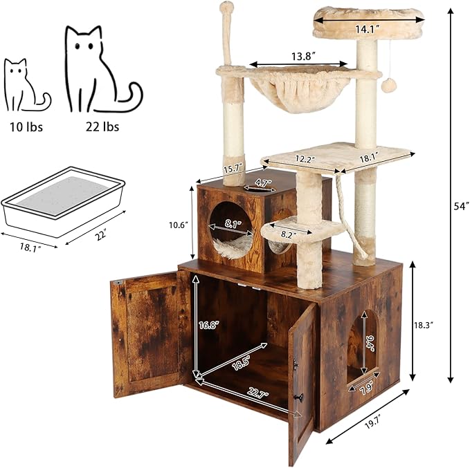Cat Tree with Litter Box Enclosure, 2-in-1 Cat Tower for Indoor Cats, Large Wood Cat Condo with Basket, Scratching Posts, Pompoms, Rustic Brown