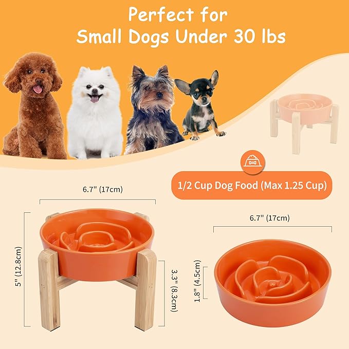 Elevated Slow Feeder Dog Bowl - Ceramic Maze Food Dish with Bamboo Stand - Raised Feeding Bowl for Fast Eaters - Ideal for Small and Medium Dogs - Orange - 6.7 inch