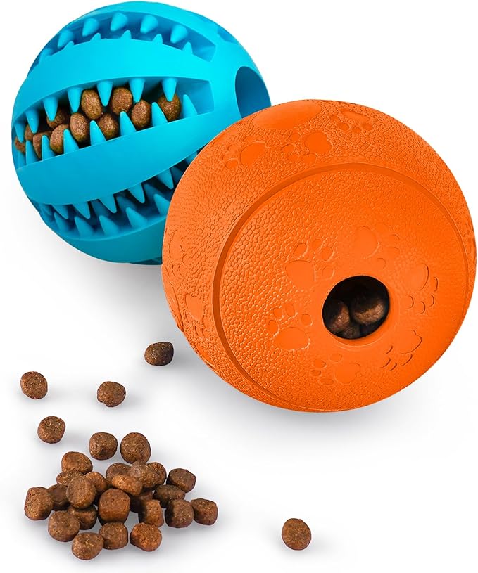HIPPIH Dog Puzzle Toy 2 Pack, Interactive Dog Toys for Treat Dispensing, Durable Puppy Toys for Teething, Dog Treat Ball for Teeth/Slow Feeder/IQ Training/Playing, Blue-2.75‘’, Orange-3.14‘’