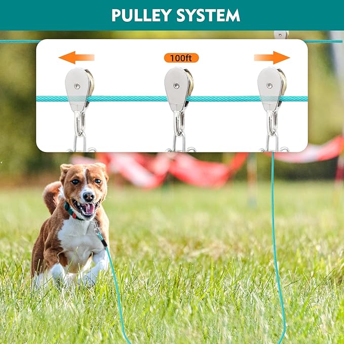 100FT Dog Runner for Yard with 10FT Tie Out Cable - Heavy Duty Trolley System for Large Dogs Up to 250LBS, Backyard/Park/Camping Use (Ice Blue, 100FT+10FT)