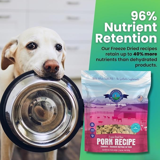 Shepherd Boy Farms Freeze Dried Raw Dog Food, Pork Recipe, All Natural, No Synthetics, Made in USA with Goat's Milk & Organic Produce, High Protein, Complete Meal (48oz)
