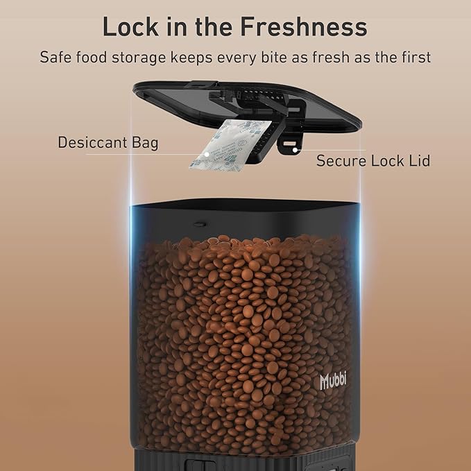 Automatic Cat Feeder, 7L/29 Cups Automatic Dog Feeder with Desiccant Bag, 1-6 Meals Ideal for 2-15mm Dry Food, Suitble for Multiple Pets, Dual Power Supply, Detachable Washable, Black