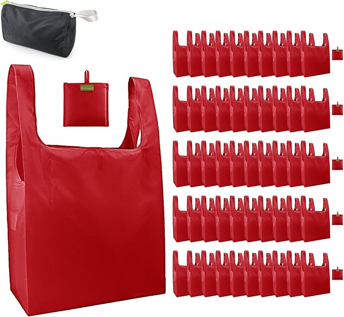 BeeGreen Christmas Red Reusable Grocery Bags Wholesale Red Reusable Kitchen Bags Bulk with Elastic Band Foldable-Machine Washable with Zipper Storage Pouch 50 Packs