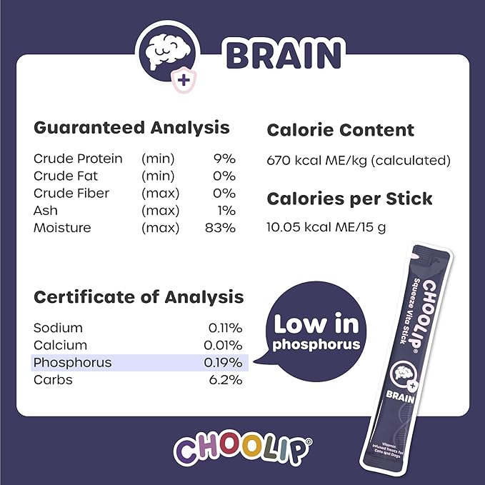 Choolip Squeeze Vita Stick Lickable Cat Treats & Dog Puree – 49-Count Brain Support Tubes, Creamy Grain-Free High-Protein Puree with DHA, Omega 3 & Vitamin B12 for Memory & Cognitive Health