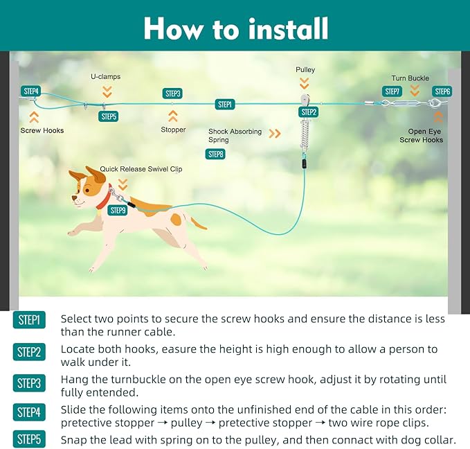 100FT Dog Runner for Yard with 10FT Tie Out Cable - Heavy Duty Trolley System for Large Dogs Up to 250LBS, Backyard/Park/Camping Use (Ice Blue, 100FT+10FT)