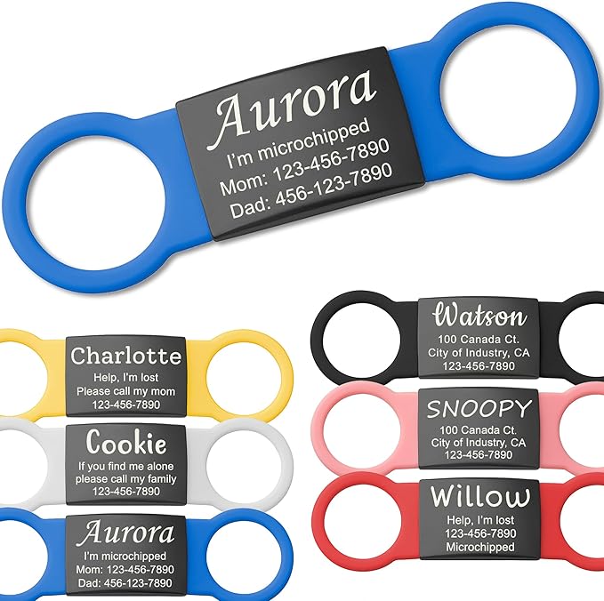Anavia Slide On Silent Pet ID Tags, S/M/L/XL Personalized Black Stainless Steel Colored Silicone Cat Dog Name Tag, Customized Engraved Nameplate, Quiet Chew-Proof Pet Collar Tag (Blue, Medium)
