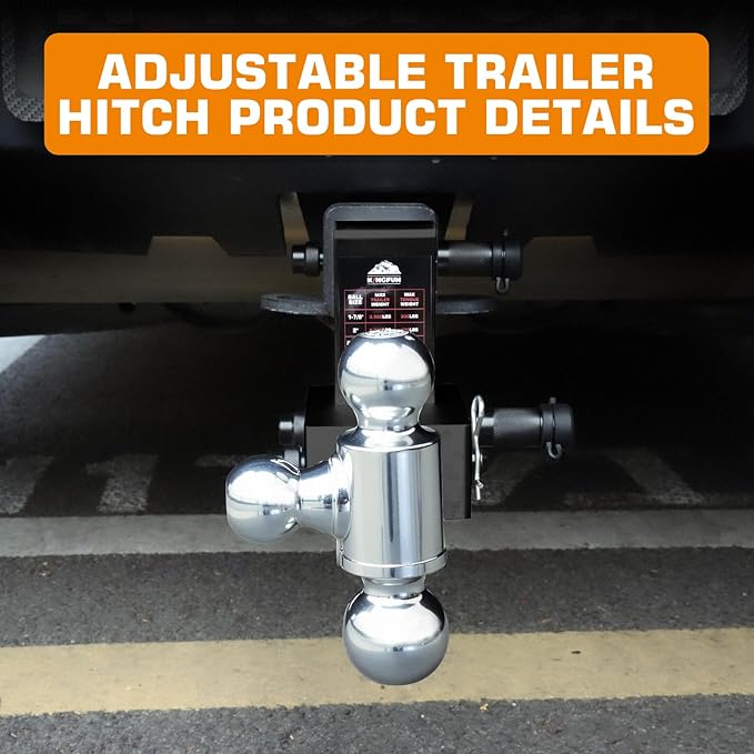 Kingfun Adjustable Trailer Hitch - Fits 2 Inch Receiver, Tri-Ball (1-7/8" X 2" X 2-5/16") 6-Inch Rise/Drop Hitch, 12500 Lbs Gtw Heavy Duty Aluminum Truck Tow Hitch with Anti-Theft Pins (Black)
