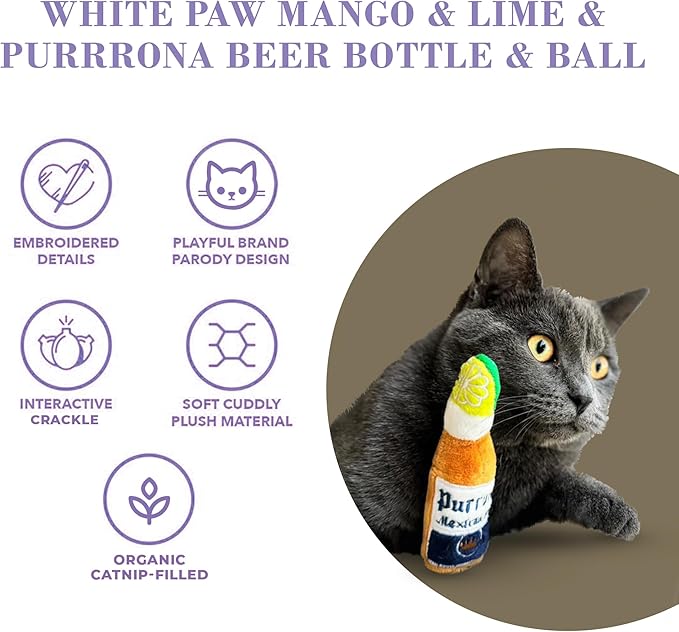 White Paw Mango & Lime + Purrrona Beer Bottle & Ball Set, Plush Cat Toys Catnip Filled with Interactive Crackle Sound, Safe & Durable Toys for Cat & Kitten, 4 Pcs