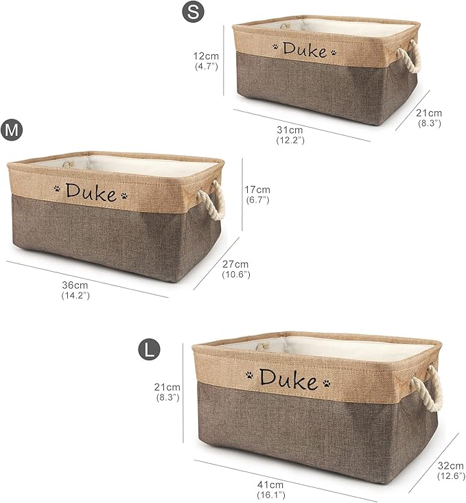 Personalized Dog Toy Box, Dog Toy Basket Storage with Cotton Handle, Customized Name and Paw Heart Print Puppy Toy Bin for Organizing Food Clothes and Pets Accessories(Paw Coffee)