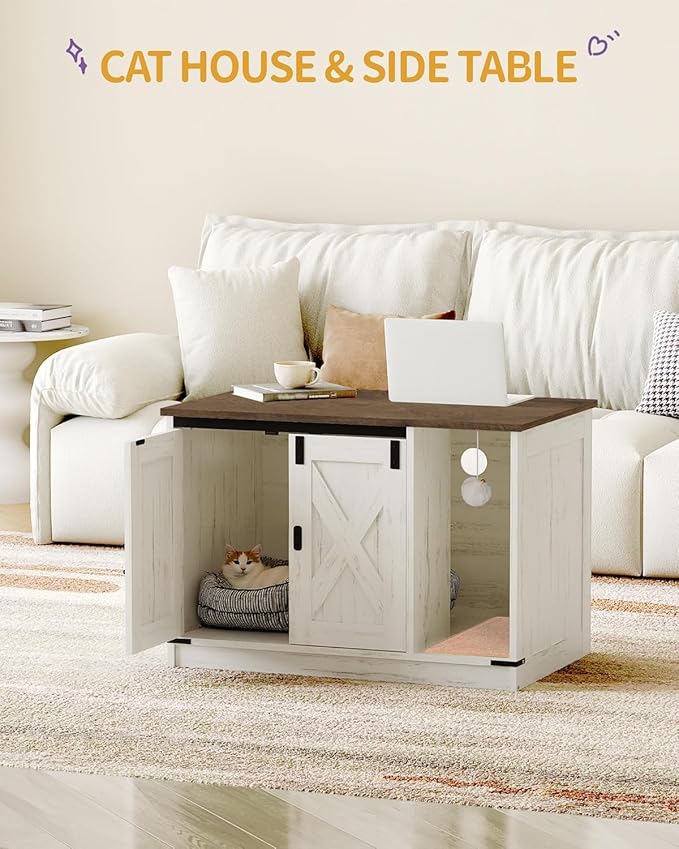 Cat Litter Box Enclosure, Hidden Litter Box Cabinet Furniture with Bell, Indoor Cats House, Farmhouse Style, 31.5 x 19.7 x 20.9Inches, for Hallway, Bedroom, Rustic Brown and White CB82414X