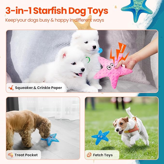 HGB Squeaky Dog Toys, Starfish No Stuffing Crinkle Dog Toys for Small Medium Breeds, Puppy Toys to Keep Them Busy & Puppy Chewing, Pet Supplies for Boredom, 2 Pack