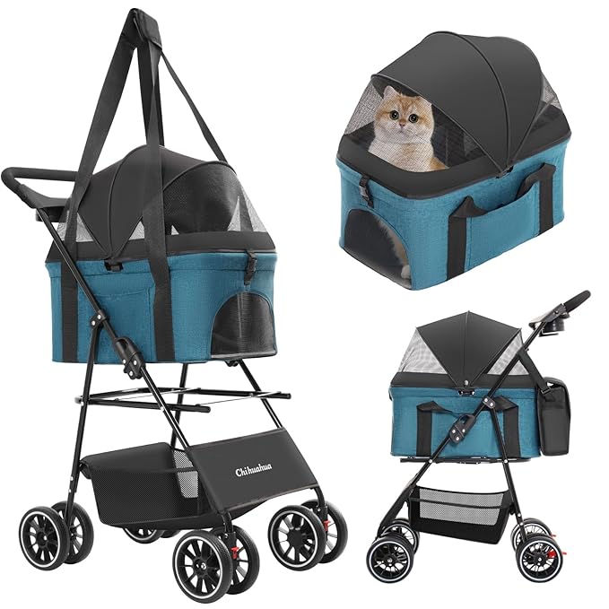 2-in-1 Foldable Pet Stroller with Canopy, 4 Wheels Pet Strolling Cart for Small/Medium Dogs and Cats with Removable Carrier,Breathable Mesh,Mom Tote Bag,Cup Holders,Easy Assembly,Black+Green