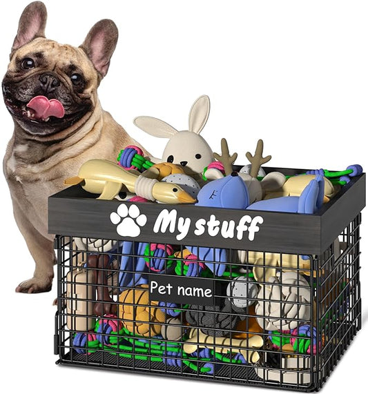 Dog Toy Bin Toy Basket Metal Storage Box with Handles Dog Organizer Chew-Proof Dog Toy Box Blankets Leashes Chest Puppy Dog Toy Storage Wood Metal Container Home Decor Pet Toys Dog Cat
