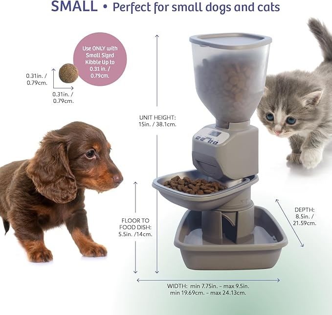 Feeding Friend® Automatic Dog & Cat Food Feeder with Water Dispenser – Smart Pet Feeder with Portion Control, OLED Display, Anti Jam Design, Battery Operated Dispenser for Small - (XS) Pets - Taupe
