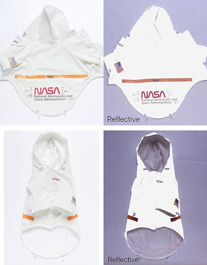 ChoChoCho NASA Dog Raincoats, Reflective Rain Jacket Water Proof, Dog Clothes, Cat & Puppy Stylish Streetwear Outfit (White, S)