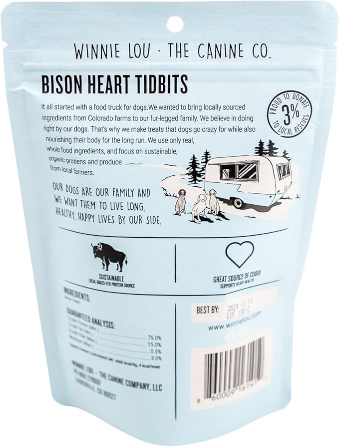 Winnie Lou The Canine Co. Freeze Dried Bison Heart Tidbits - Single Ingredient, Human-Grade, No Artificial Flavors or Fillers, Perfect for Training (Pack of 2)