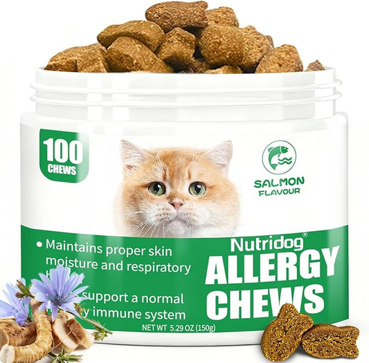 Cat Allergy Relief Chews, Skin & Immune Support for Cats - Salmon Flavor Soft Chews with Colostrum, Probiotics 300M CFU, Omega 3 - Itchy Skin & Paw Licking Remedy, 100 Count