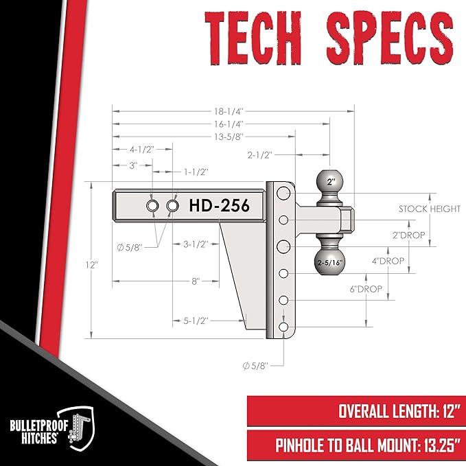 BulletProof Hitches - 2.5" Adjustable Heavy Duty Trailer Hitch (22,000 lb. Rating) - 6" Drop/Rise Trailer Hitch with 2" & 2-5/16" Dual Ball - Powder Coat, Solid Steel, Corrosion-Resistant