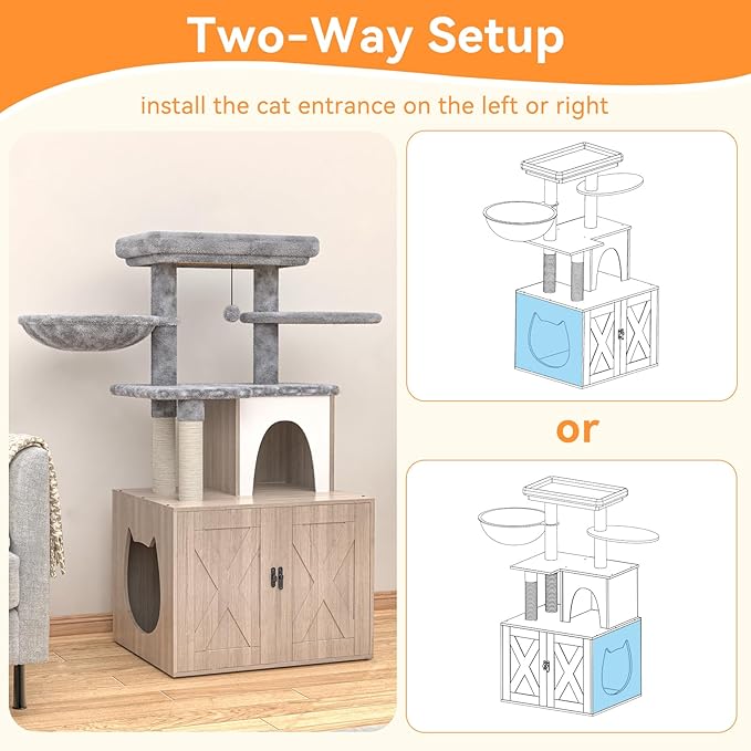 Litter Box Enclosure with Cat Tree,Cat Tree with Litter Box Enclosure,Hidden Pet Washroom Furniture with Sisal Scratching Post,Hammocks,Condo,Multiple Platform,Soft Plush Perch, Grey