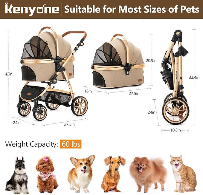 Kenyone Pet Stroller 3 in 1 for Medium Small Size Dogs Luxury Large Cat Stroller Detachable Carrier for Puppy, Kitty, Doggie (C510L Khaki)