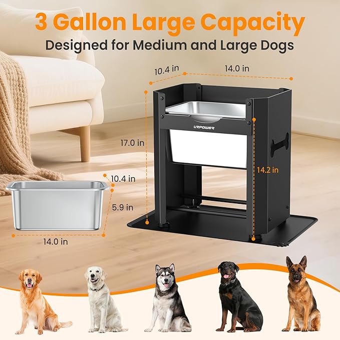 URPOWER 3 Gallon Mess Proof Elevated Dog Water Bowl for Large Breeds, 14.2" Raised Stainless Steel Bowl with Full Metal Stand - Non-Slip Mat, Relief Joint Pressure, Easy to Clean, Indoor/Outdoor Use